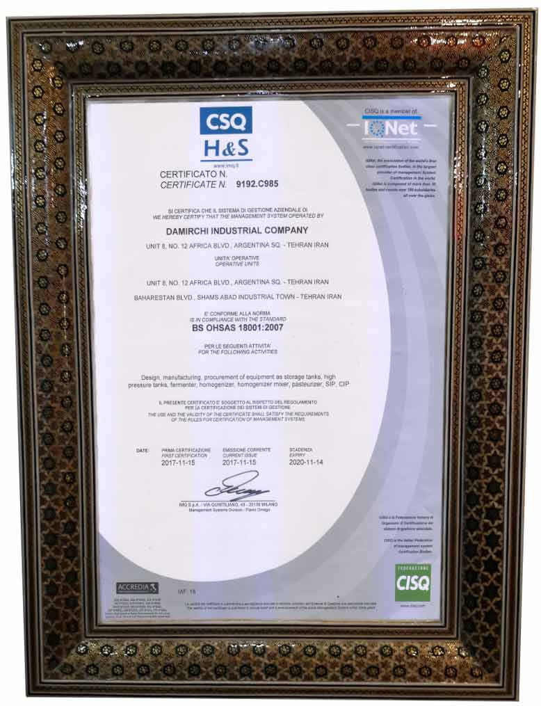 Certificate 18001 Damirchi Co.