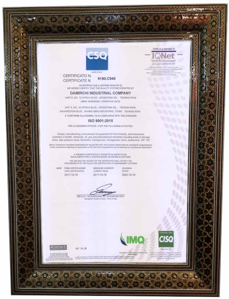 Certificate 9001 Damirchi Co.